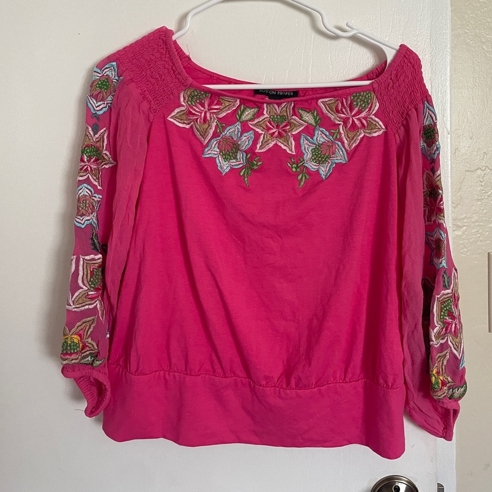 Boston Proper Pink Embellished 3/4 Sleeve Blouse